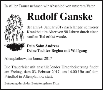 Traueranzeige von Rudolf Ganske  von Magdeburger Volksstimme