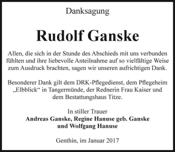 Traueranzeige von Rudolf Ganske  von Magdeburger Volksstimme
