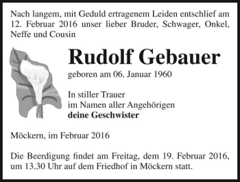 Traueranzeige von Rudolf Gebauer  von Magdeburger Volksstimme