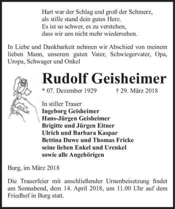 Traueranzeige von Rudolf Geisheimer  von Magdeburger Volksstimme
