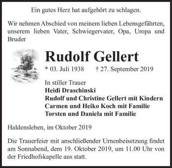 Traueranzeige von Rudolf Gellert  von Magdeburger Volksstimme