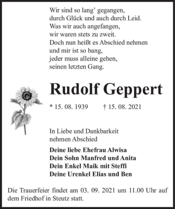 Traueranzeige von Rudolf Geppert  von Magdeburger Volksstimme