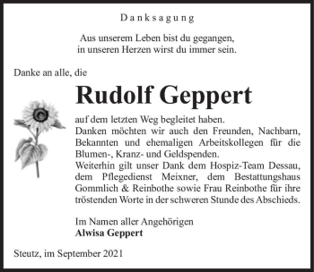 Traueranzeige von Rudolf Geppert  von Magdeburger Volksstimme