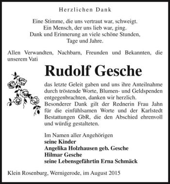 Traueranzeige von Rudolf Gesche  von Magdeburger Volksstimme