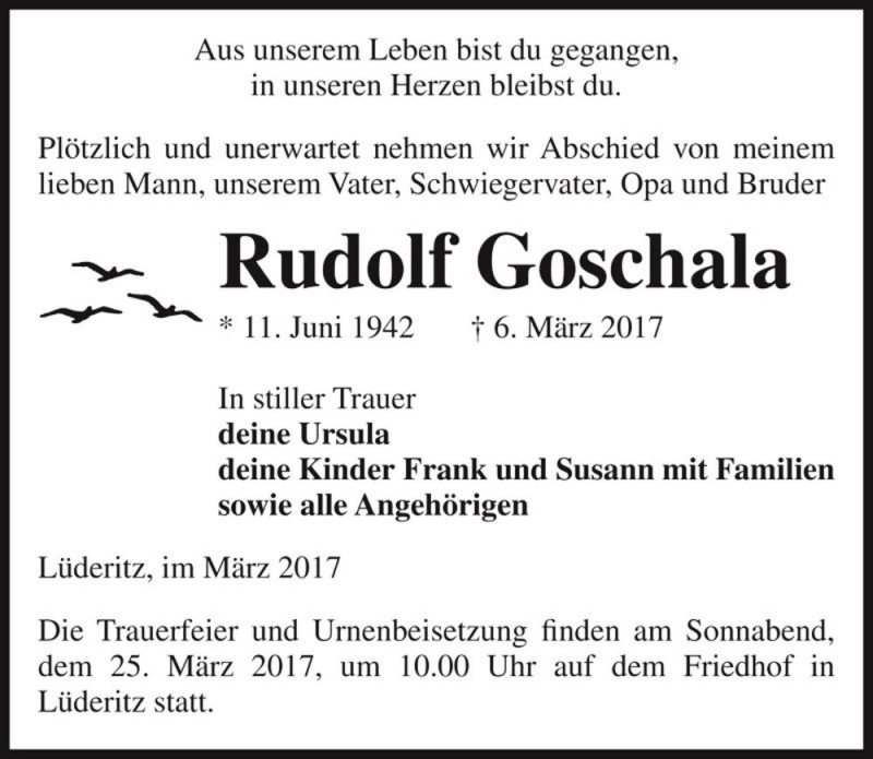  Traueranzeige für Rudolf Goschala  vom 11.03.2017 aus Magdeburger Volksstimme