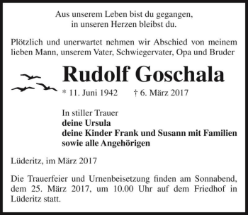 Traueranzeige von Rudolf Goschala  von Magdeburger Volksstimme