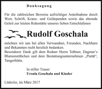 Traueranzeige von Rudolf Goschala  von Magdeburger Volksstimme