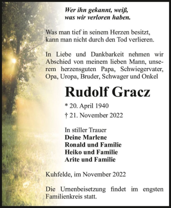 Traueranzeige von Rudolf Gracz  von Magdeburger Volksstimme