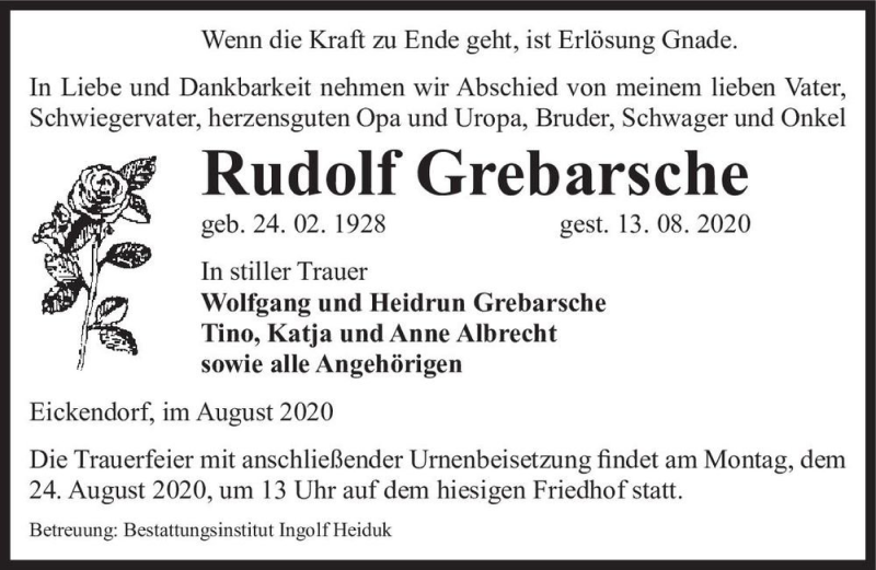  Traueranzeige für Rudolf Grebarsche  vom 19.08.2020 aus Magdeburger Volksstimme