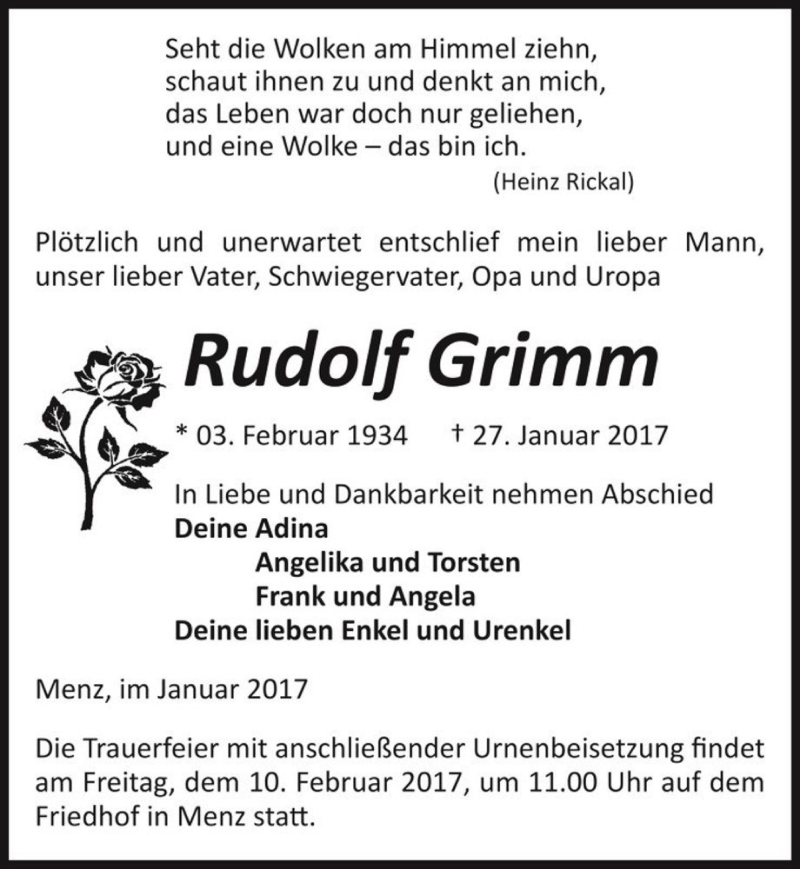  Traueranzeige für Rudolf Grimm  vom 04.02.2017 aus Magdeburger Volksstimme