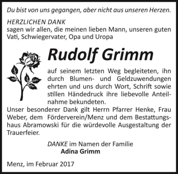 Traueranzeige von Rudolf Grimm  von Magdeburger Volksstimme