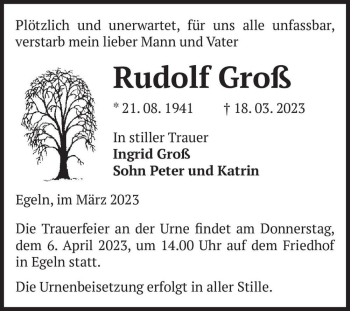 Traueranzeige von Rudolf Groß  von Magdeburger Volksstimme