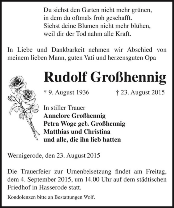 Traueranzeige von Rudolf Großhennig  von Magdeburger Volksstimme
