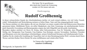 Traueranzeige von Rudolf Großhennig  von Magdeburger Volksstimme