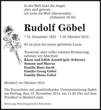 Traueranzeige von Rudolf Göbel  von Magdeburger Volksstimme