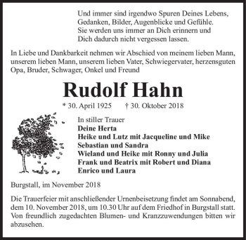 Traueranzeige von Rudolf Hahn  von Magdeburger Volksstimme