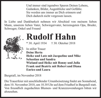 Traueranzeige von Rudolf Hahn  von Magdeburger Volksstimme