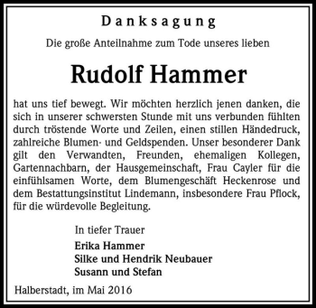 Traueranzeige von Rudolf Hammer  von Magdeburger Volksstimme