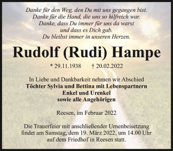 Traueranzeige von Rudolf Hampe  von Magdeburger Volksstimme