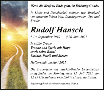 Traueranzeige von Rudolf Hansch  von Magdeburger Volksstimme