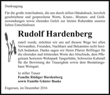 Traueranzeige von Rudolf Hardenberg  von Magdeburger Volksstimme