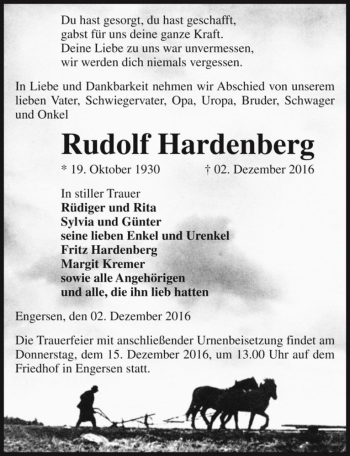 Traueranzeige von Rudolf Hardenberg  von Magdeburger Volksstimme