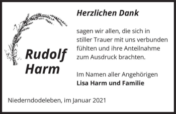 Traueranzeige von Rudolf Harm  von Magdeburger Volksstimme