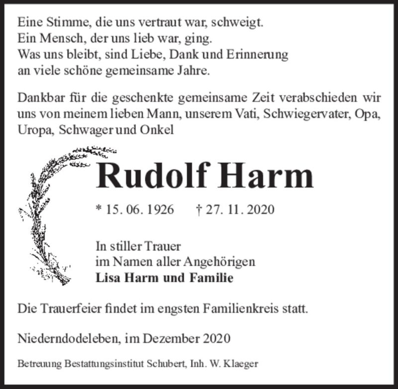  Traueranzeige für Rudolf Harm  vom 05.12.2020 aus Magdeburger Volksstimme