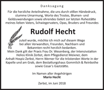 Traueranzeige von Rudolf Hecht  von Magdeburger Volksstimme