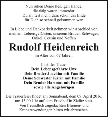 Traueranzeige von Rudolf Heidenreich  von Magdeburger Volksstimme
