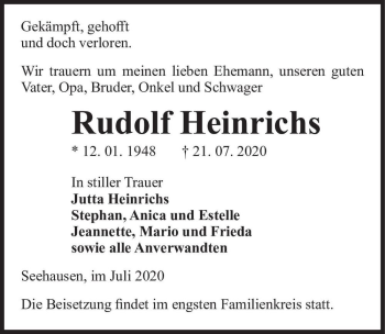 Traueranzeige von Rudolf Heinrichs  von Magdeburger Volksstimme