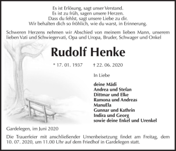 Traueranzeige von Rudolf Henke  von Magdeburger Volksstimme