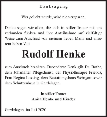 Traueranzeige von Rudolf Henke  von Magdeburger Volksstimme