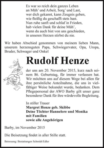 Traueranzeige von Rudolf Henze  von Magdeburger Volksstimme