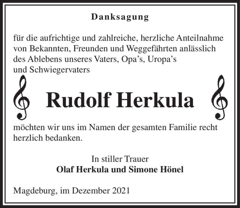  Traueranzeige für Rudolf Herkula  vom 31.12.2021 aus Magdeburger Volksstimme