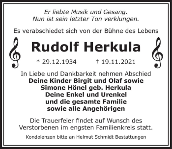 Traueranzeige von Rudolf Herkula  von Magdeburger Volksstimme