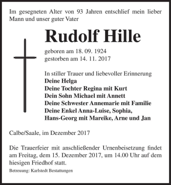 Traueranzeige von Rudolf Hille  von Magdeburger Volksstimme