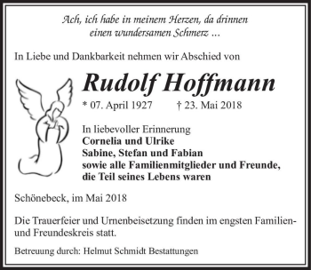 Traueranzeige von Rudolf Hoffmann  von Magdeburger Volksstimme