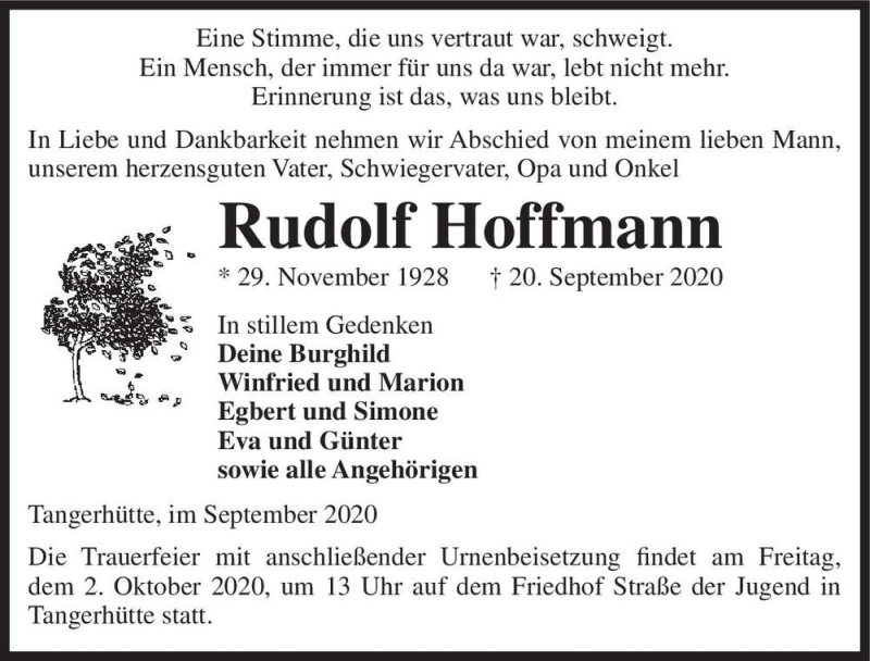  Traueranzeige für Rudolf Hoffmann  vom 26.09.2020 aus Magdeburger Volksstimme