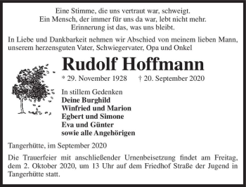 Traueranzeige von Rudolf Hoffmann  von Magdeburger Volksstimme
