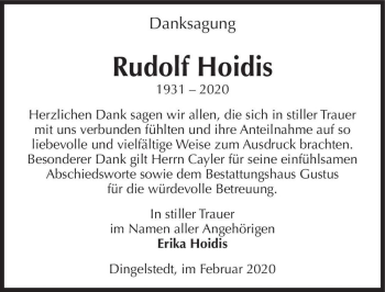 Traueranzeige von Rudolf Hoidis  von Magdeburger Volksstimme