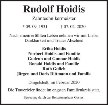 Traueranzeige von Rudolf Hoidis  von Magdeburger Volksstimme