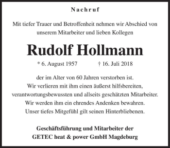 Traueranzeige von Rudolf Hollmann  von Magdeburger Volksstimme
