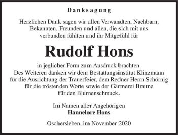 Traueranzeige von Rudolf Hons  von Magdeburger Volksstimme
