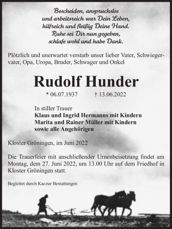 Traueranzeige von Rudolf Hunder  von Magdeburger Volksstimme