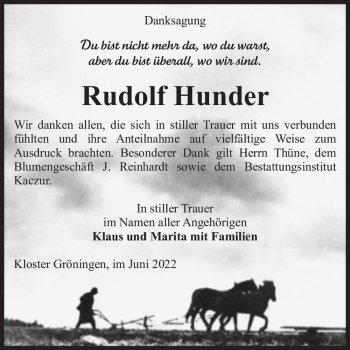 Traueranzeige von Rudolf Hunder  von Magdeburger Volksstimme