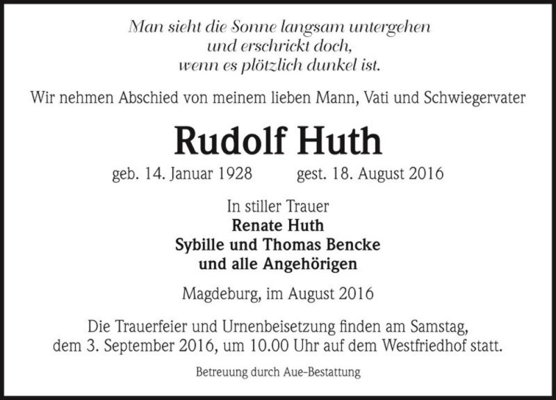 Traueranzeige für Rudolf Huth  vom 27.08.2016 aus Magdeburger Volksstimme