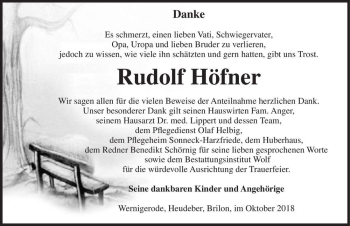 Traueranzeige von Rudolf Höfner  von Magdeburger Volksstimme