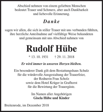 Traueranzeige von Rudolf Hübe  von Magdeburger Volksstimme