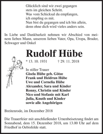 Traueranzeige von Rudolf Hübe  von Magdeburger Volksstimme